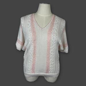 VTG 80s 90s Nubby Pastel Pink White Sweater XL Short Sleeve Large Coquette